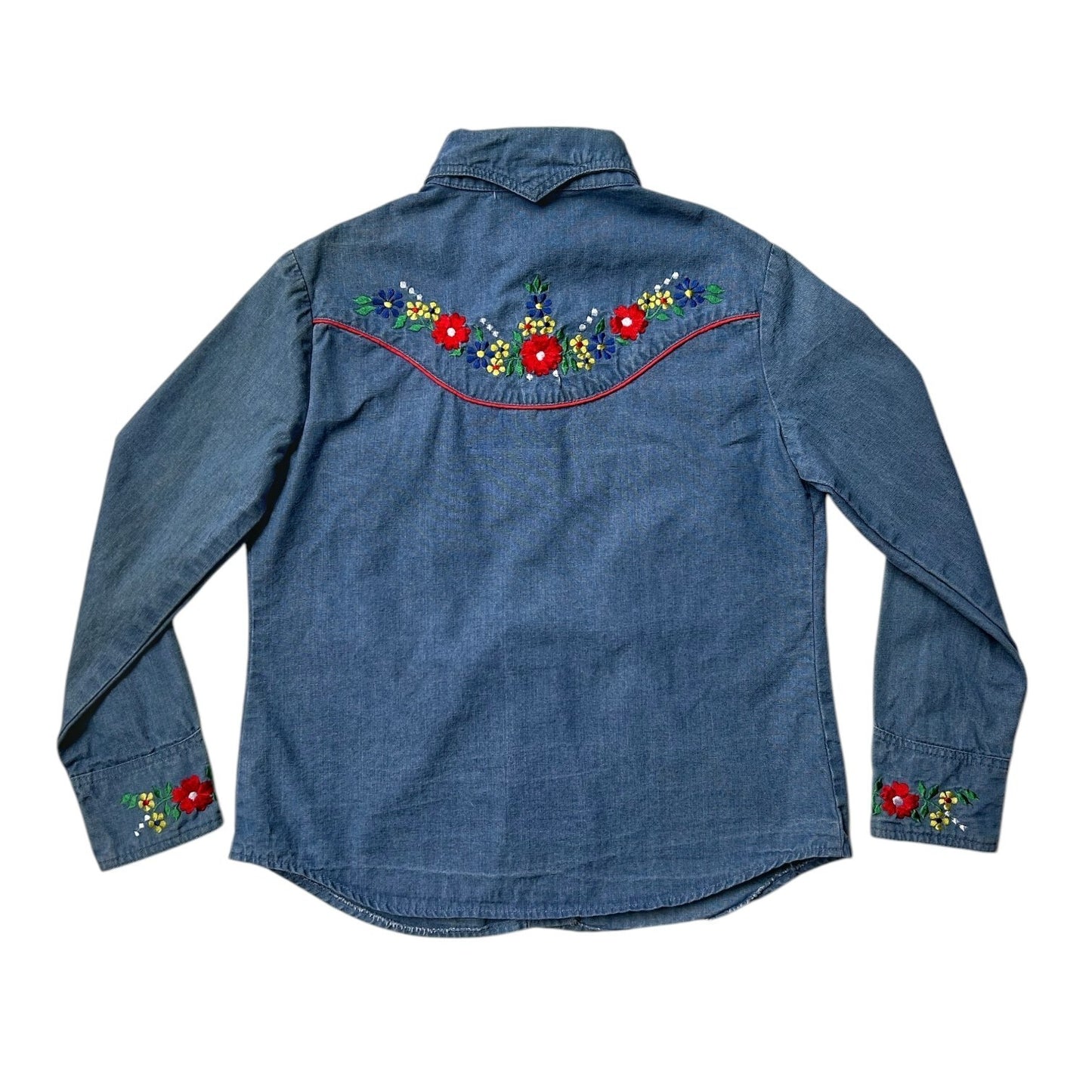 70s vintage embroidered denim shirt with pointed dagger collar.