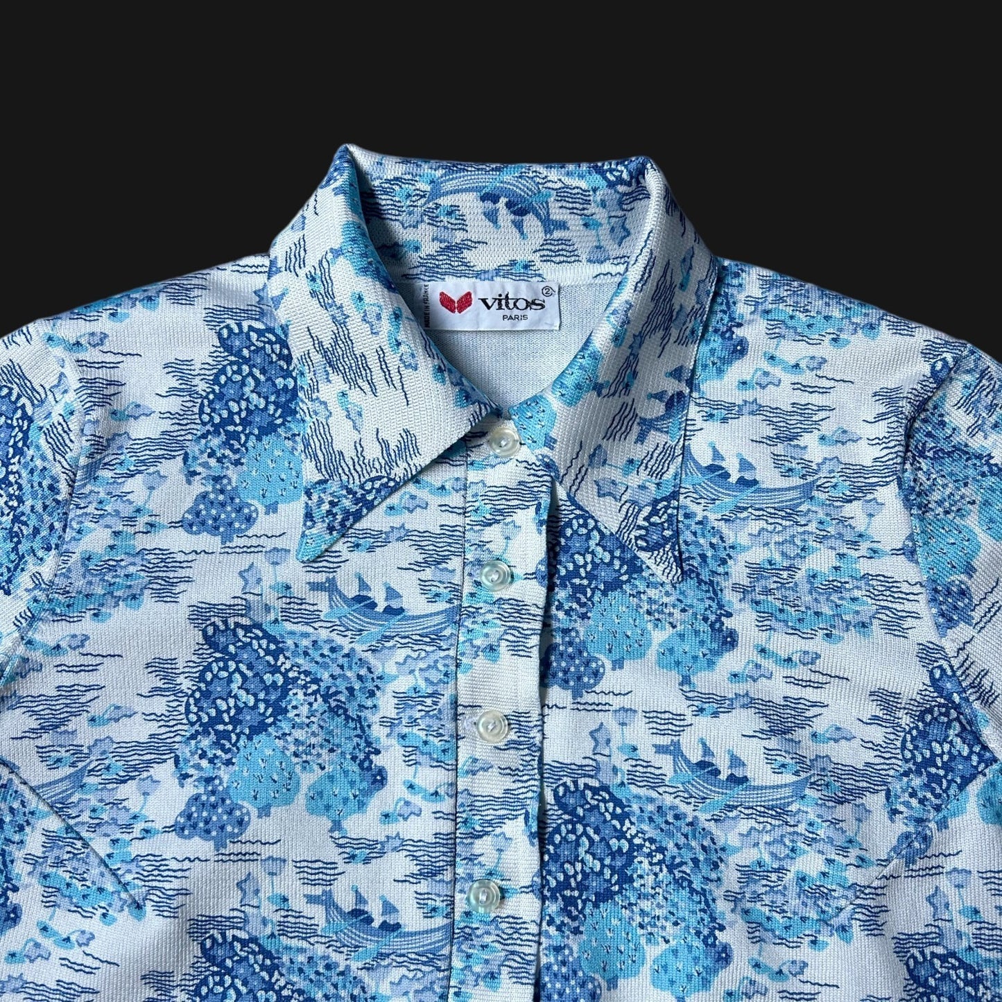 70s vintage water boat novelty print polo shirt pointed collar short sleeve.