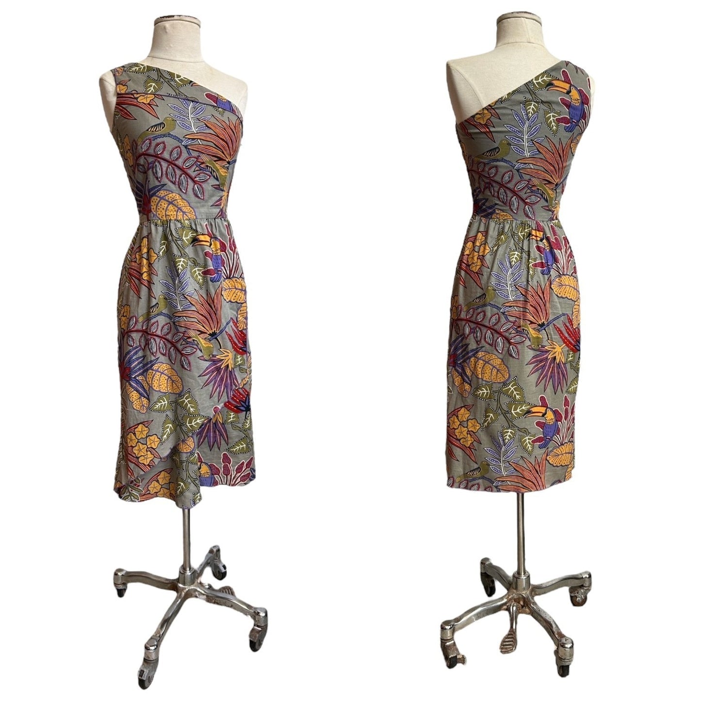 70s vintage tropical novelty print one shoulder dress.
