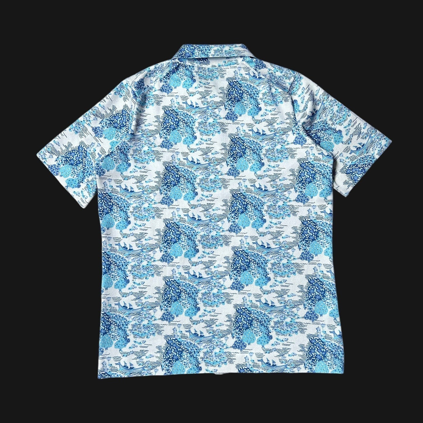 70s vintage water boat novelty print polo shirt pointed collar short sleeve.