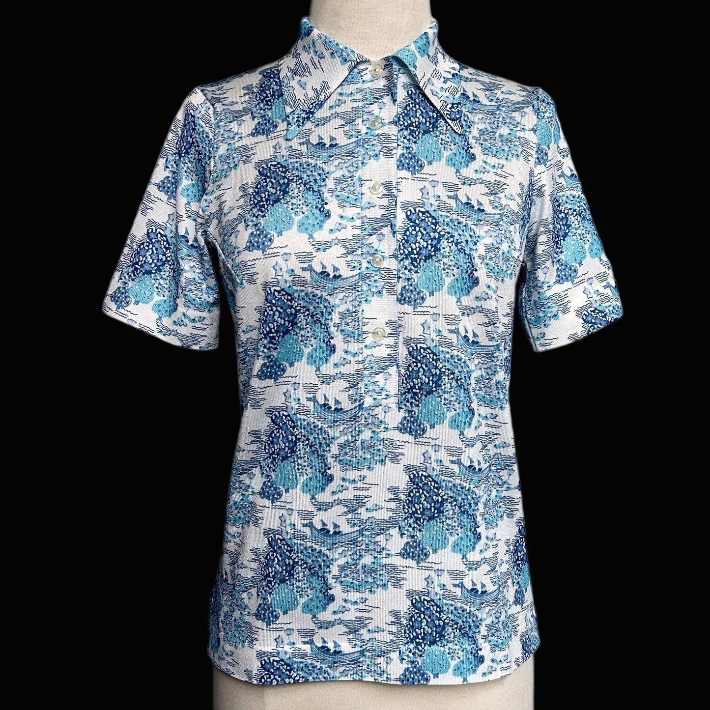 70s vintage water boat novelty print polo shirt pointed collar short sleeve.