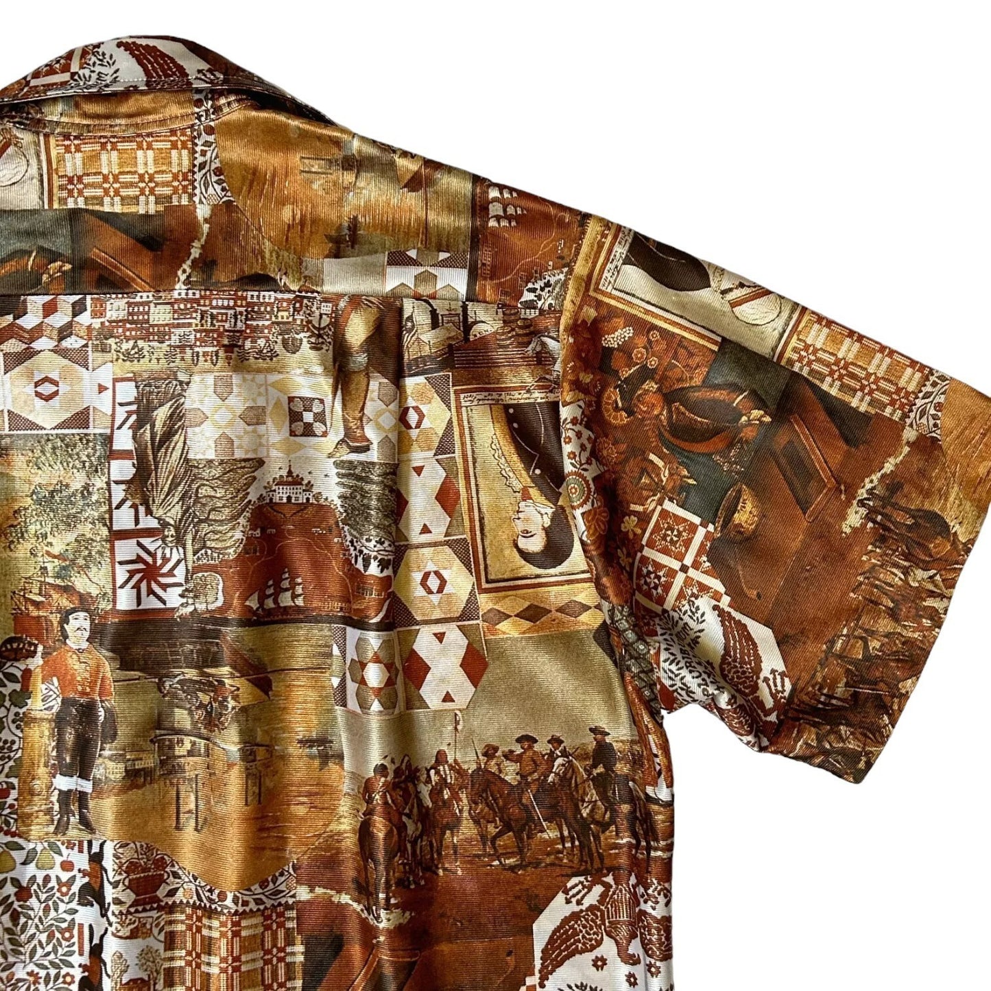 70s Vintage Novelty Print Folk Art Collage Shirt.