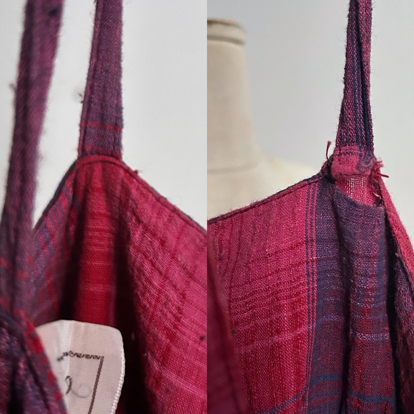 70s vintage tiered boho dress tent shift sleeveless tie strap midi plaid ruffle.