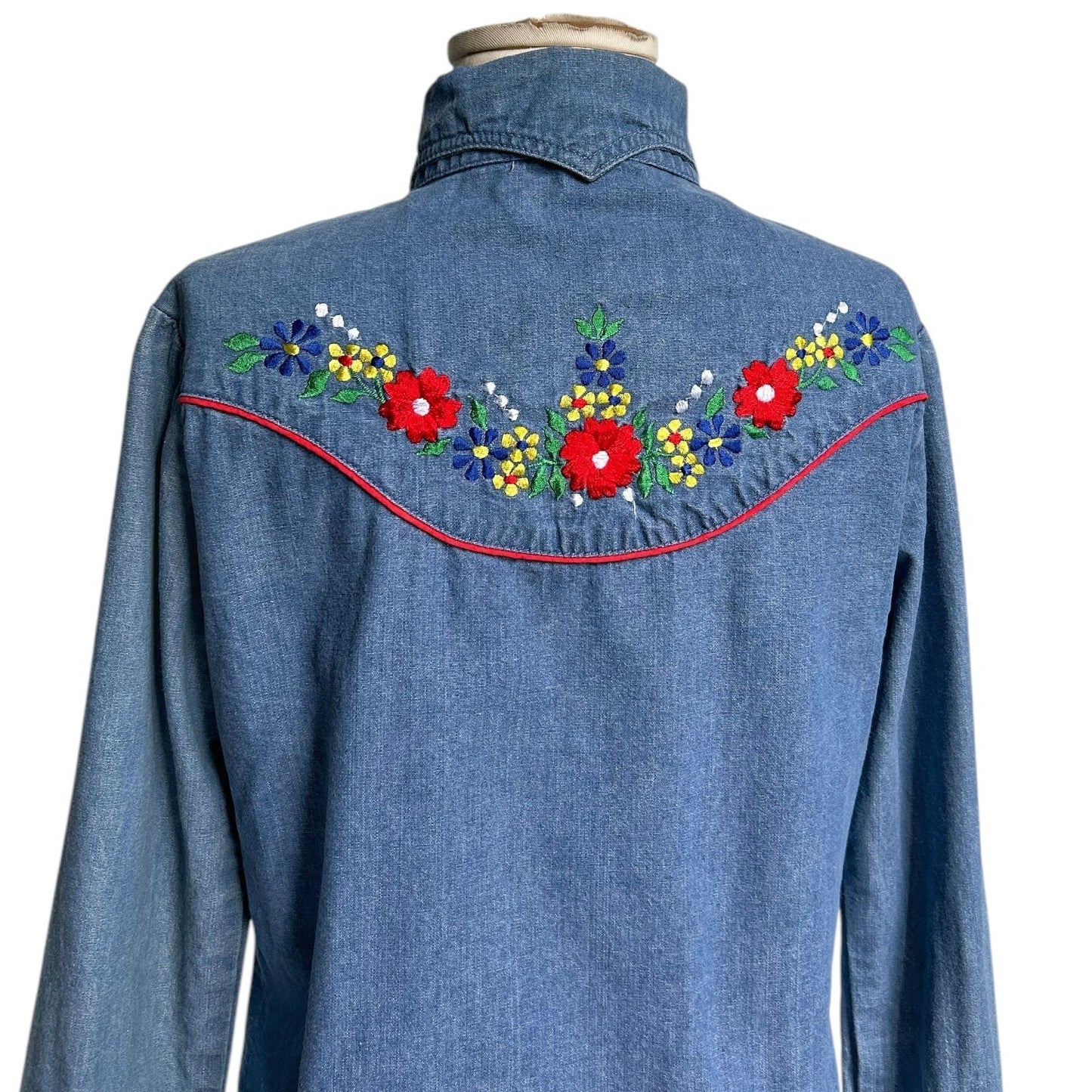 70s vintage embroidered denim shirt with pointed dagger collar.