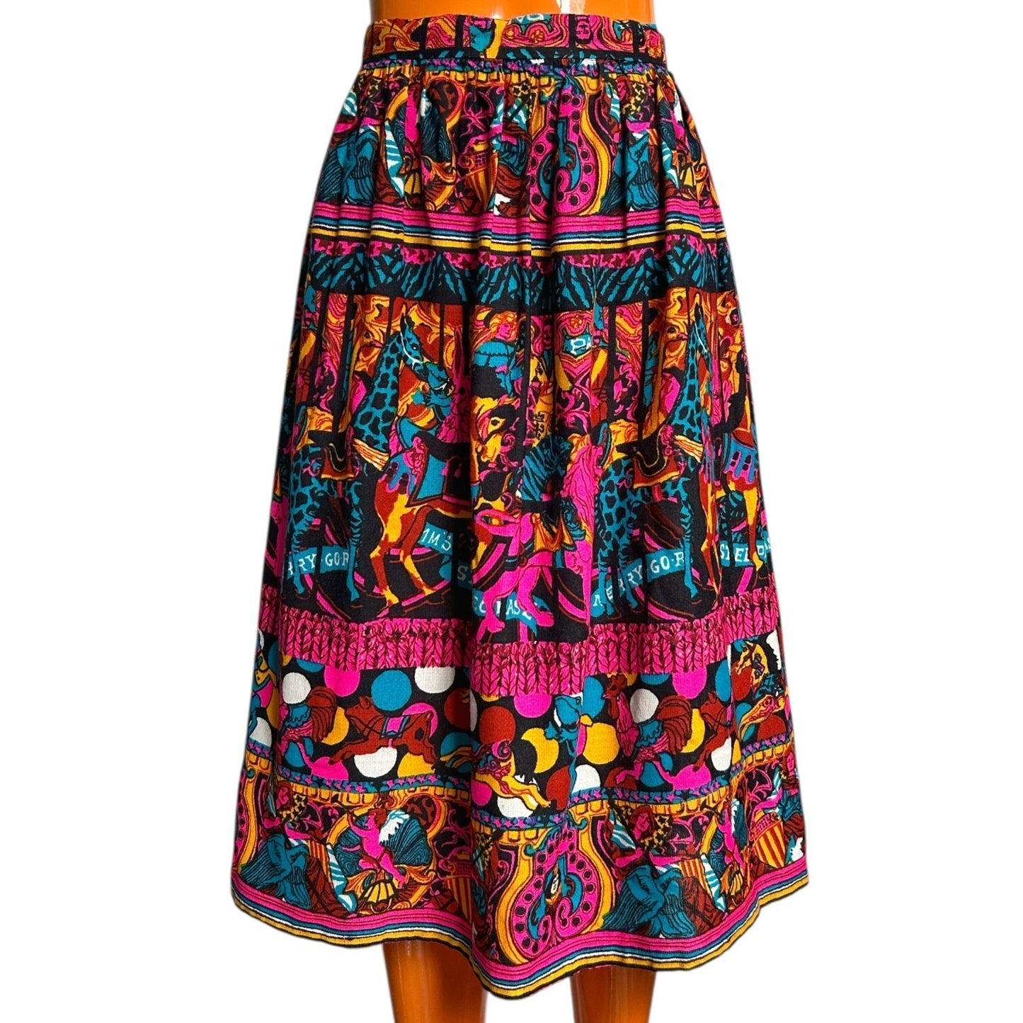 70s Vintage Merry-Go-Round Novelty Print Skirt.