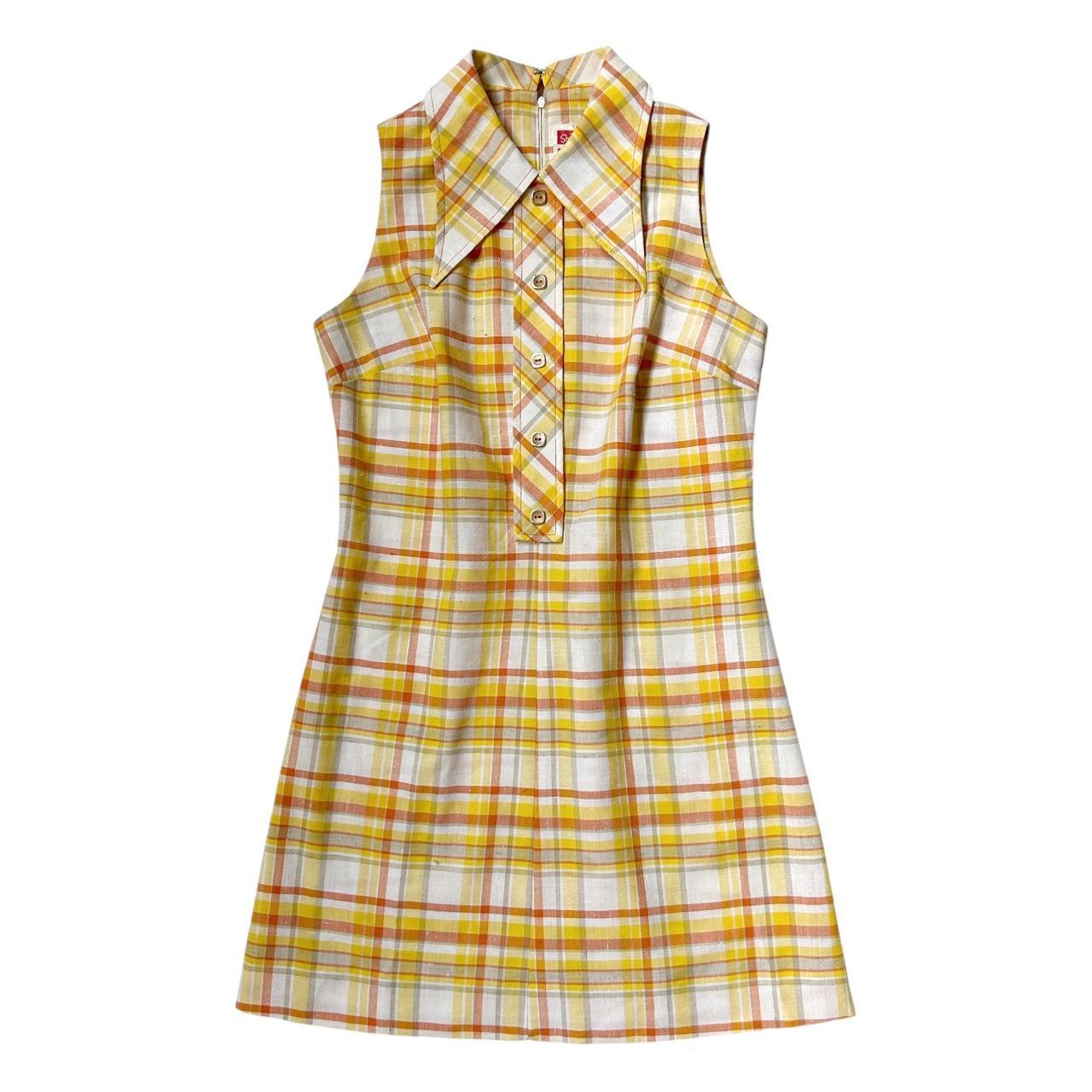70s vintage plaid mini dress with pointed collar.