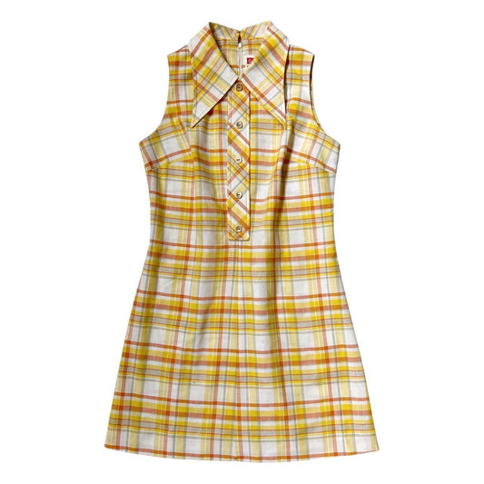 70s vintage plaid mini dress with pointed collar.