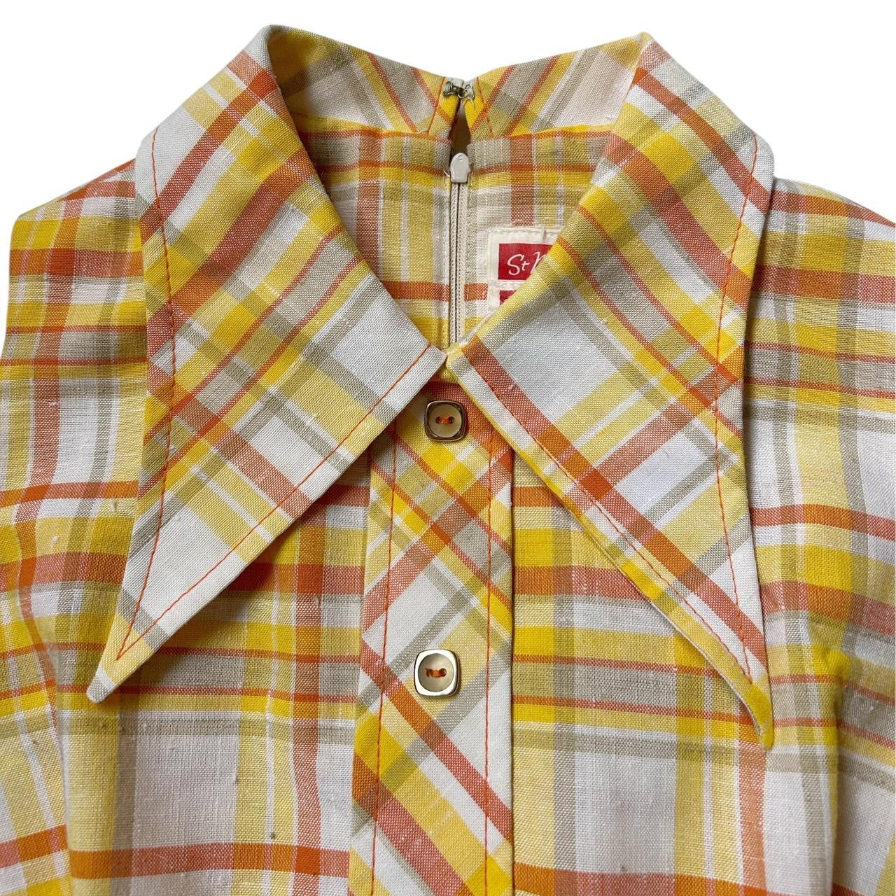 70s vintage plaid mini dress with pointed collar.