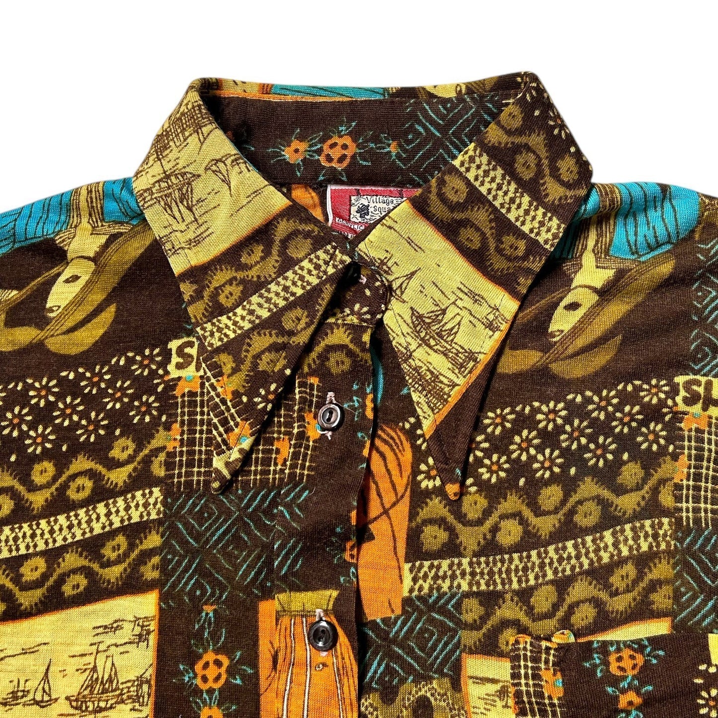 70s Vintage Novelty Print Collage Blouse.