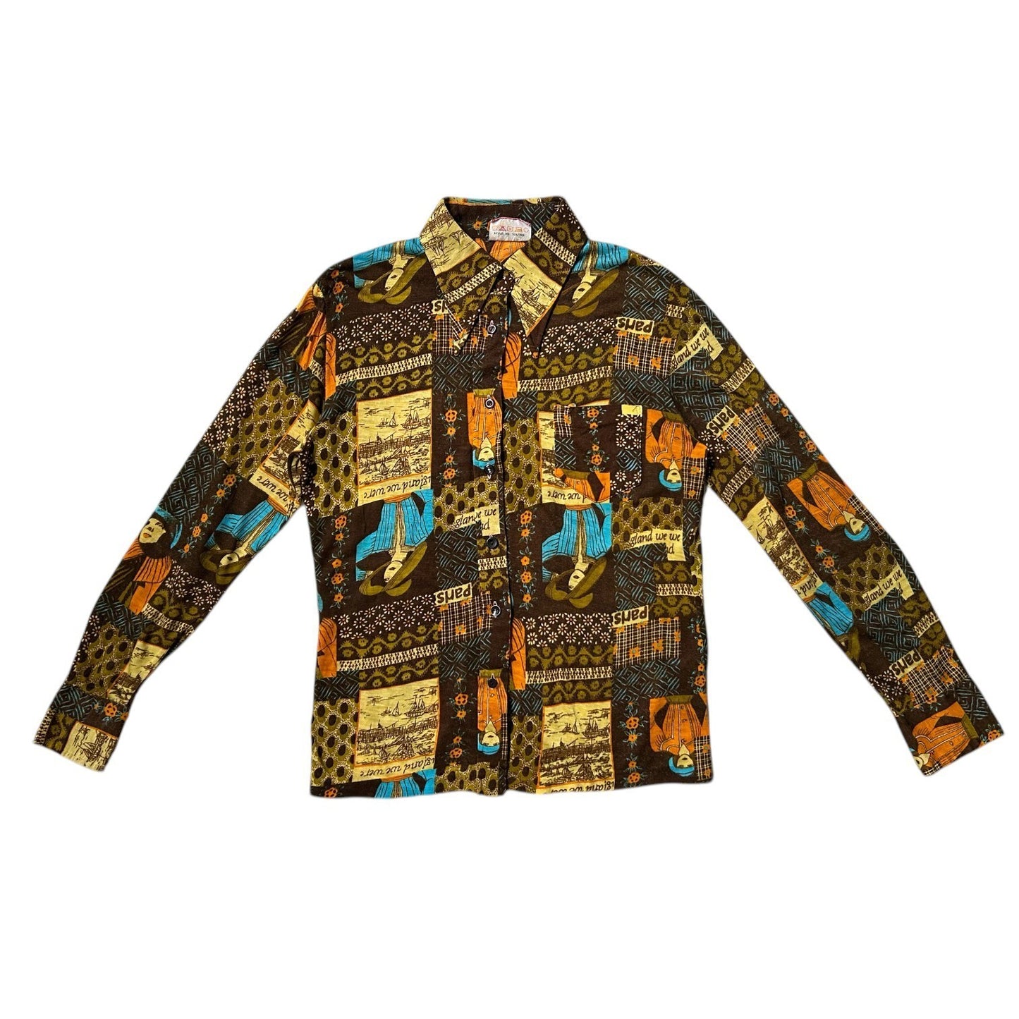 70s Vintage Novelty Print Collage Blouse.
