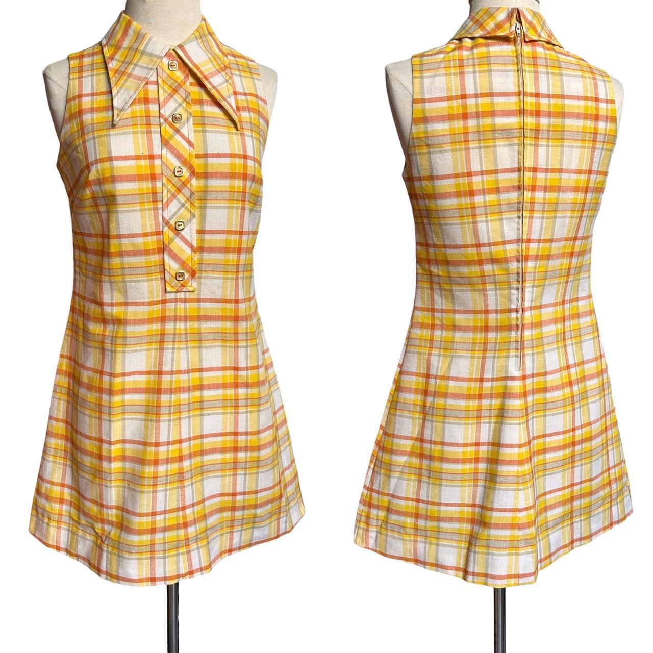 70s vintage plaid mini dress with pointed collar.