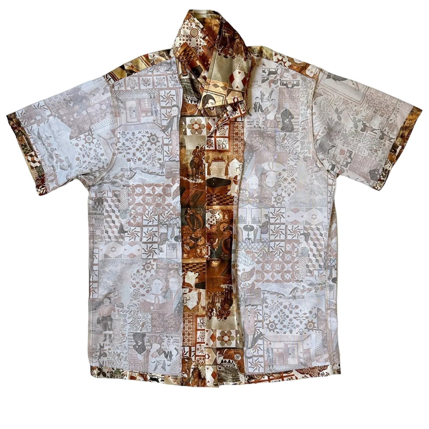 70s Vintage Novelty Print Folk Art Collage Shirt.