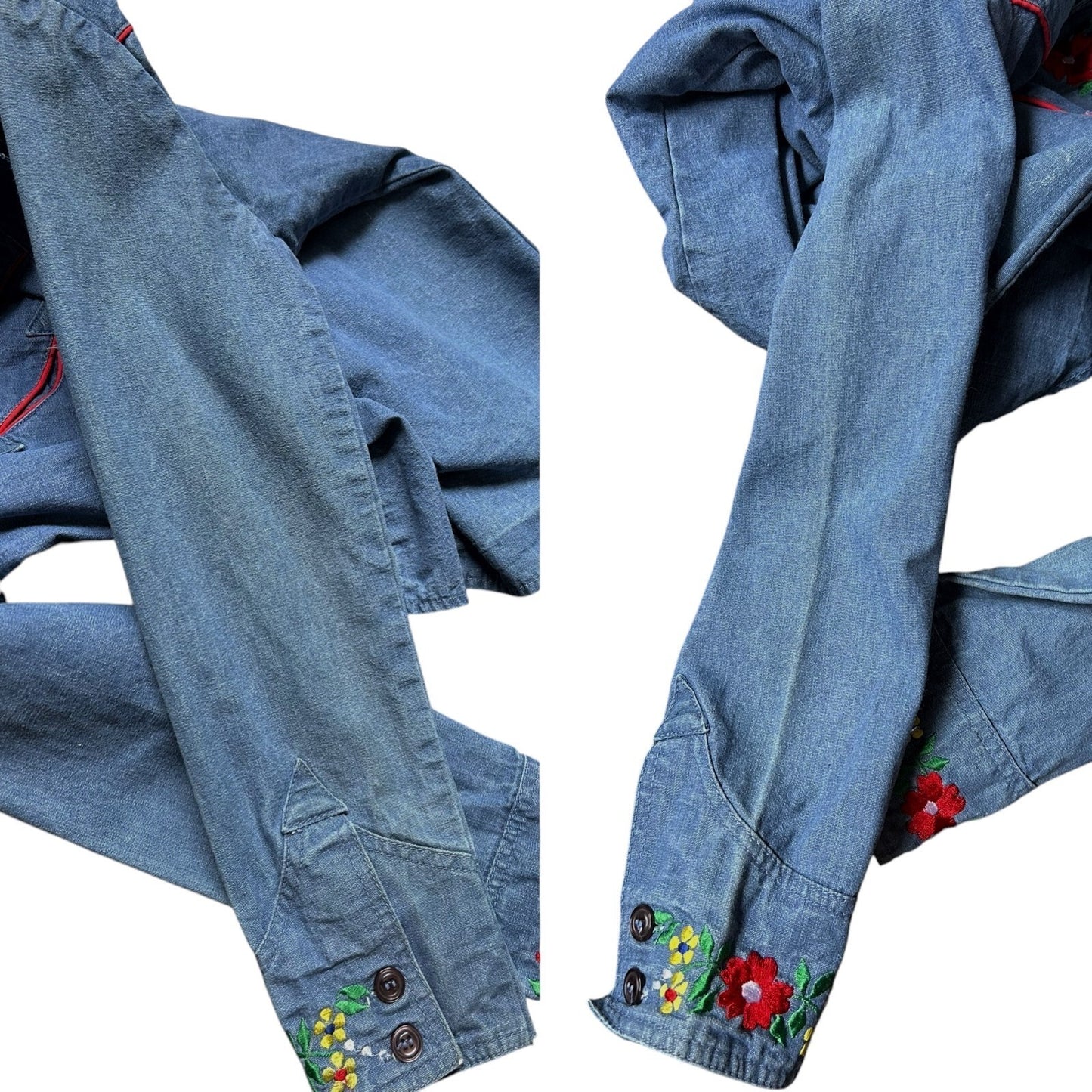 70s vintage embroidered denim shirt with pointed dagger collar.