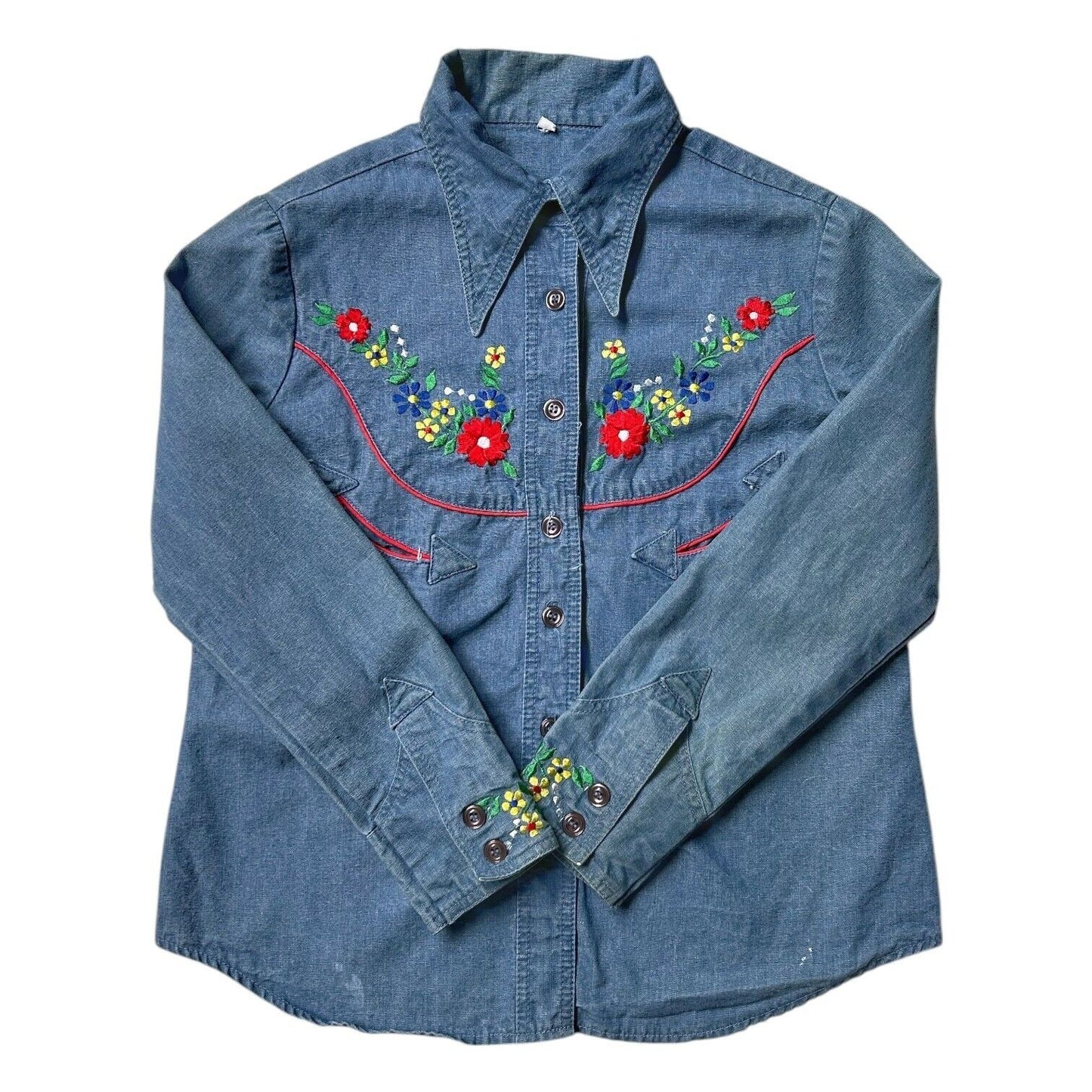 70s vintage embroidered denim shirt with pointed dagger collar.