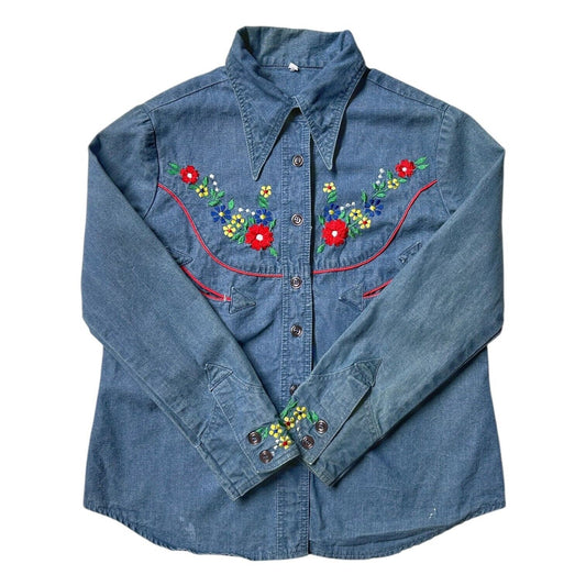 70s vintage embroidered denim shirt with pointed dagger collar.