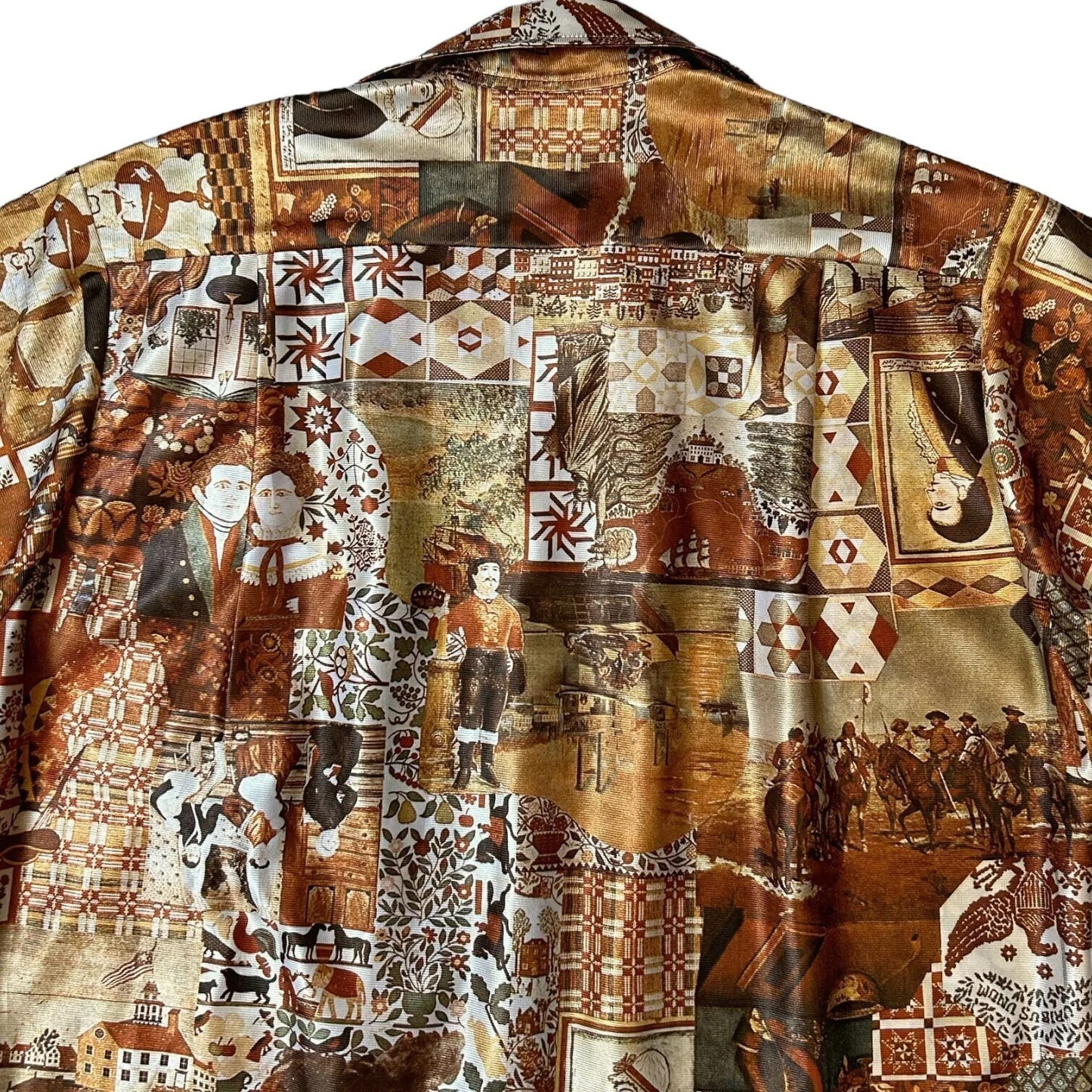 70s Vintage Novelty Print Folk Art Collage Shirt.