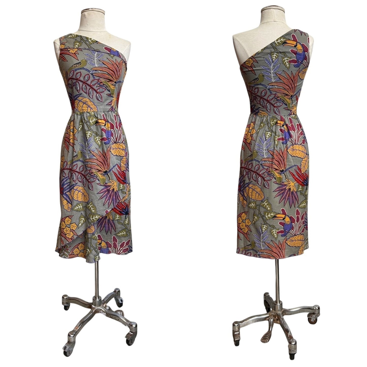 70s vintage tropical novelty print one shoulder dress.