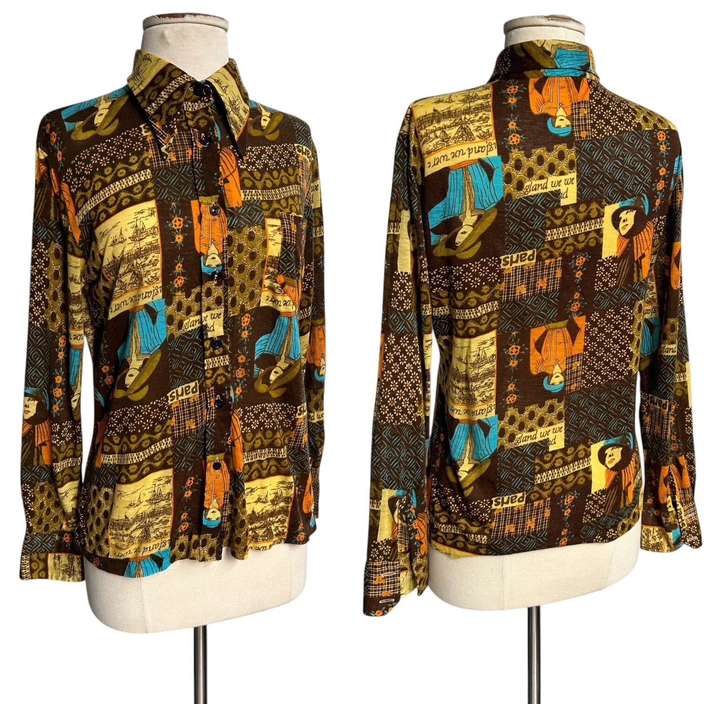 70s Vintage Novelty Print Collage Blouse.