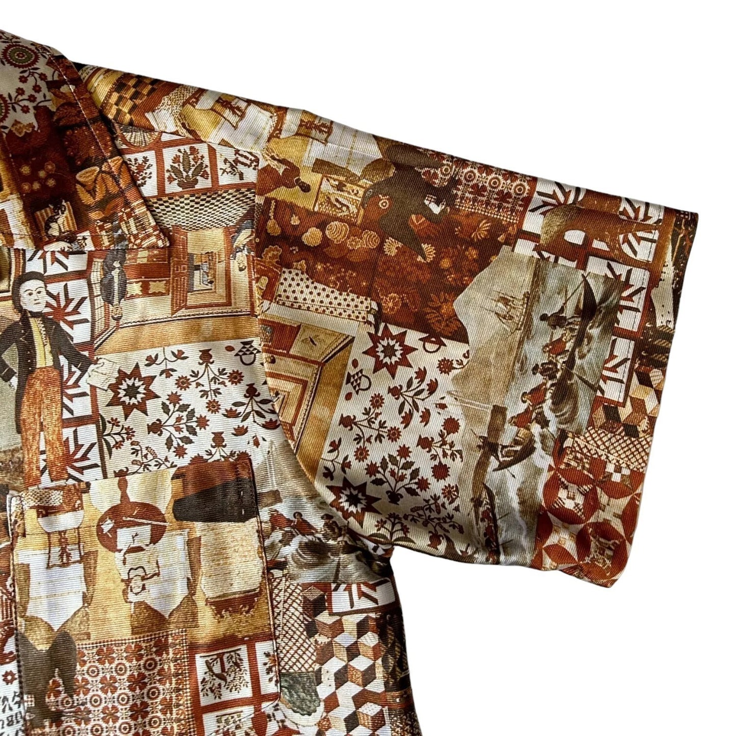 70s Vintage Novelty Print Folk Art Collage Shirt.