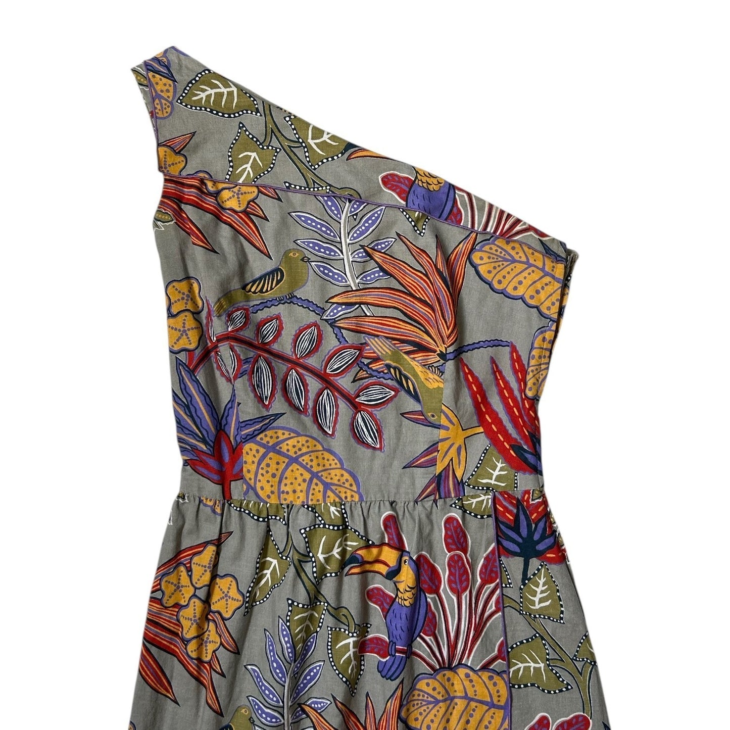 70s vintage tropical novelty print one shoulder dress.