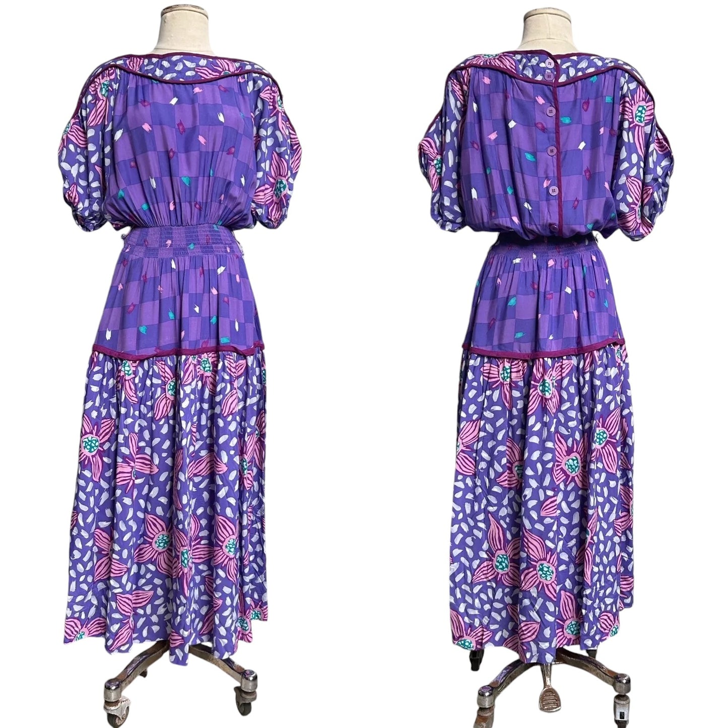 80s Vintage Art Deco Puff Sleeve Dress