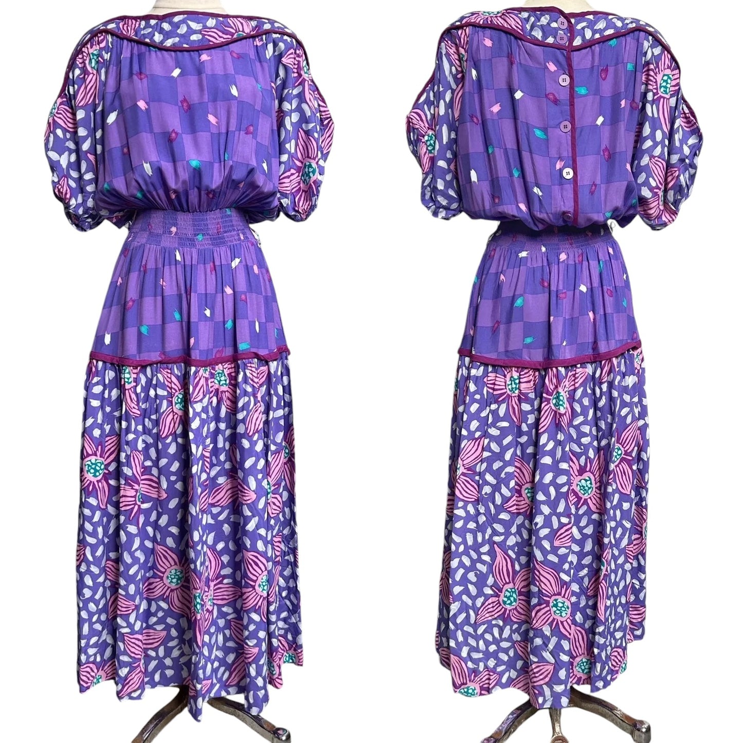 80s Vintage Art Deco Puff Sleeve Dress