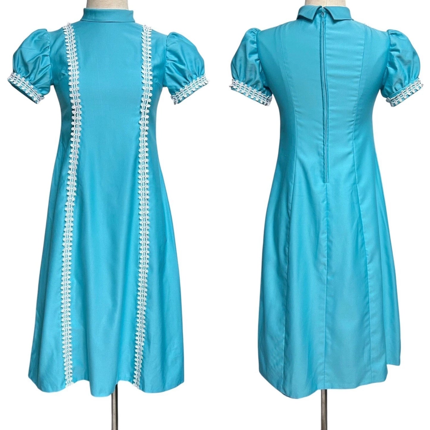 70s vintage puff sleeve midi dress.